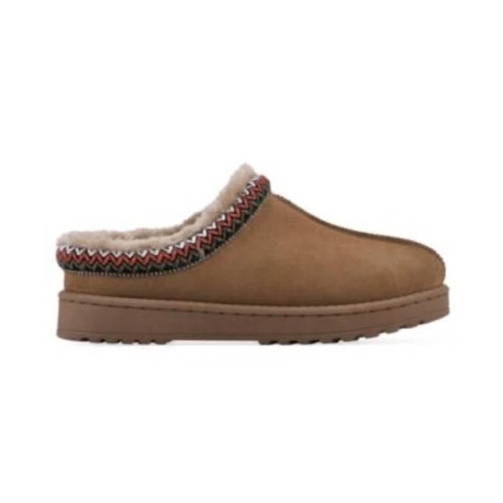 White Mountain Womens Size 10 Chestnut Suede Faux‎ Fur Lined Slippers Pink Trim